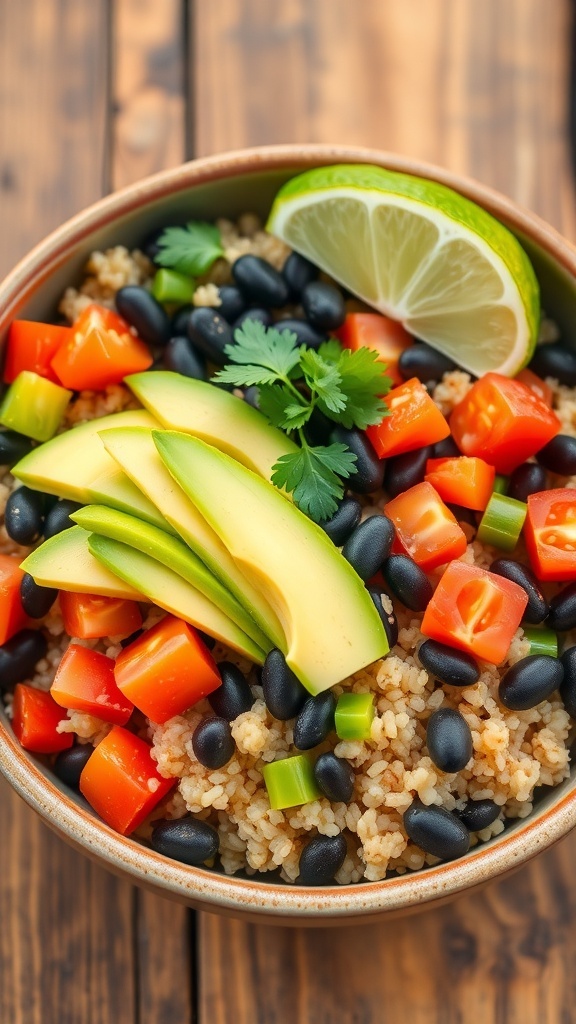 A colorful quinoa bowl with black beans, cherry tomatoes, bell peppers, avocado, and lime on a wooden table.